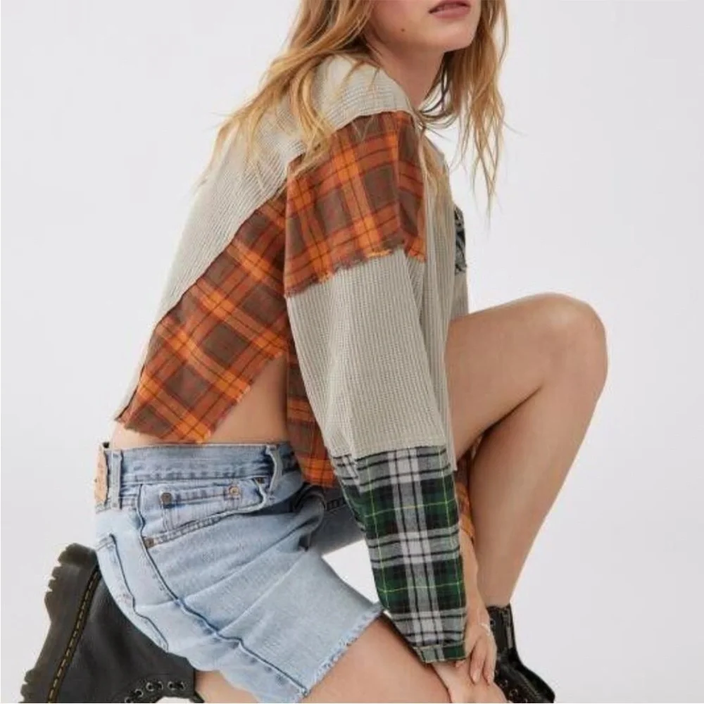 Urban Outfitters x BDG Rory Spliced Patchwork Plaid Flannel Thermal - Picture 2 of 13
